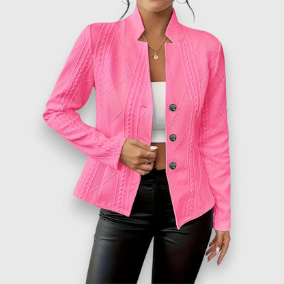 Women's textured knit cardigan with button front, collared neck, and long sleeves, by Homixa.