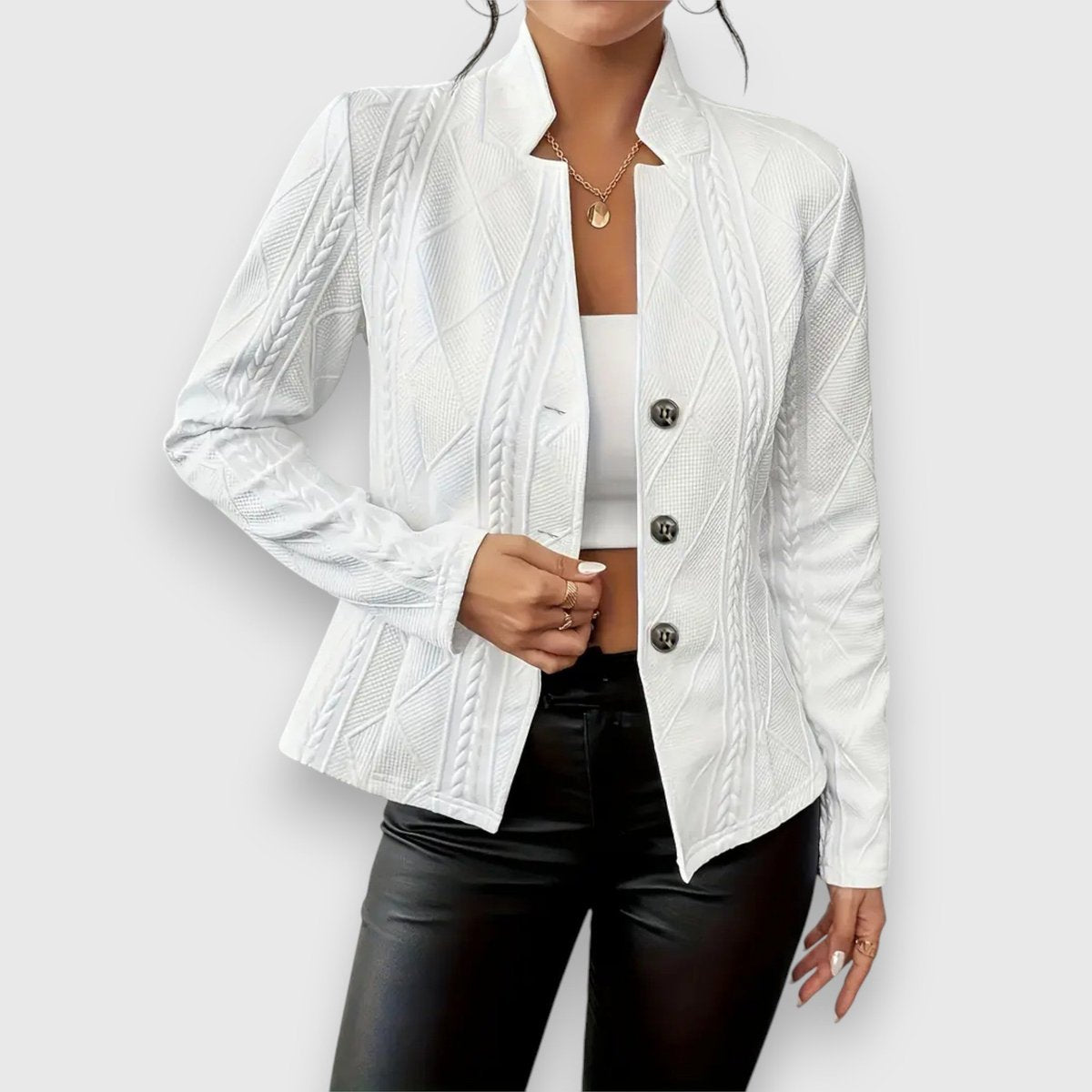 Women's textured knit cardigan by Homixa with button front, collared neck, and long sleeves, perfect for casual layering.