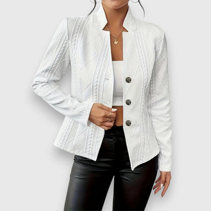 Women's textured knit cardigan by Homixa with button front, collared neck, and long sleeves, perfect for casual layering.