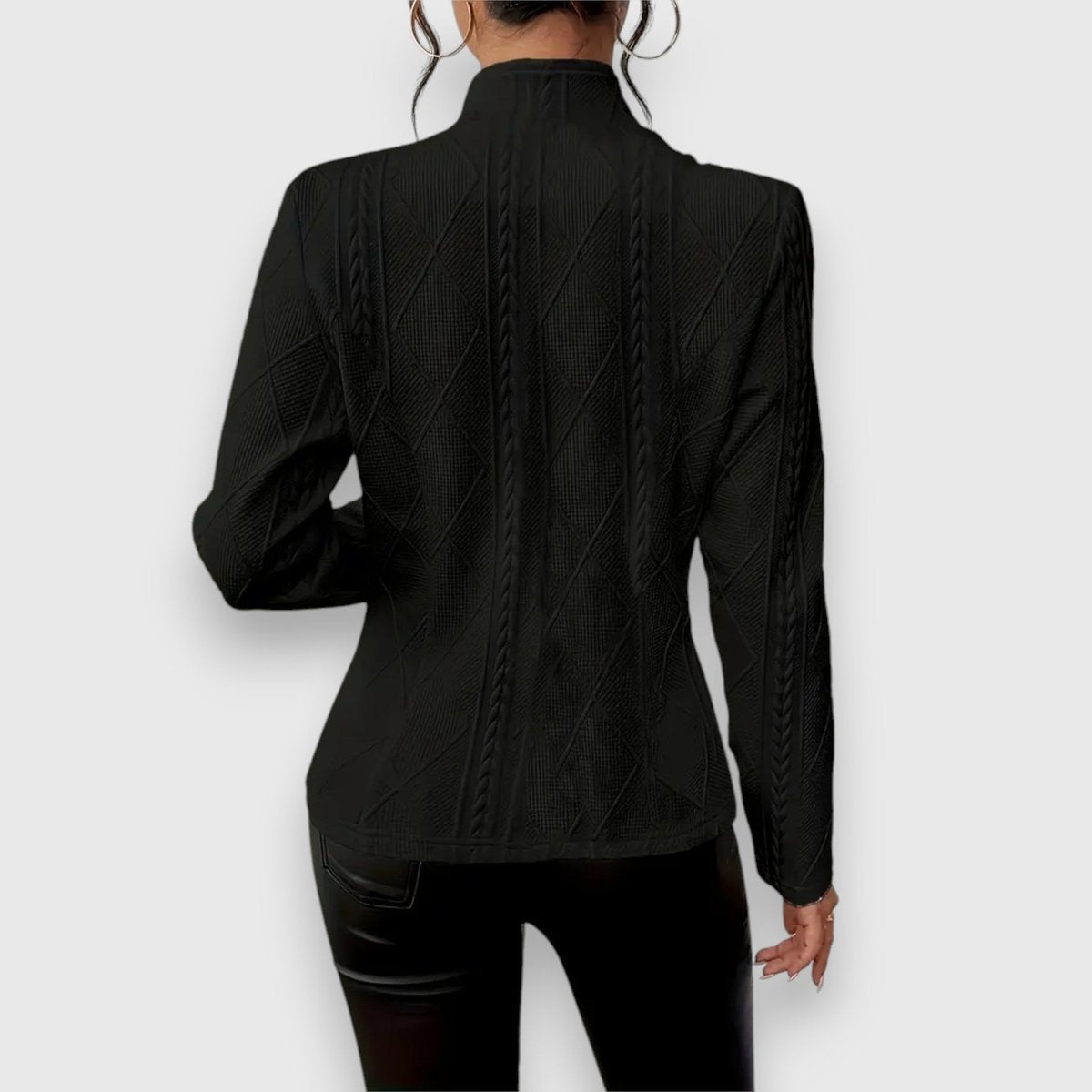 Women's textured knit cardigan with button front, collared neck, and long sleeves by Homixa, shown in a cozy, stylish design.