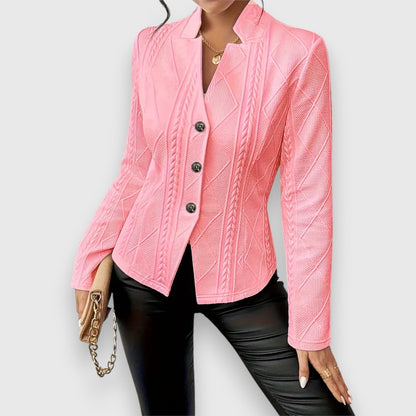Women's textured knit cardigan by Homixa featuring button front, collared neck, and long sleeves, perfect for layered casual wear.