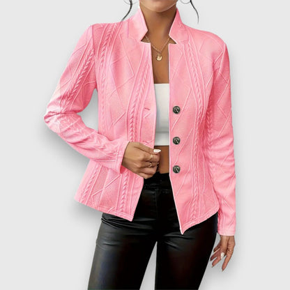 Women's textured knit cardigan with button-front closure, collared neck, and long sleeves by Homixa.