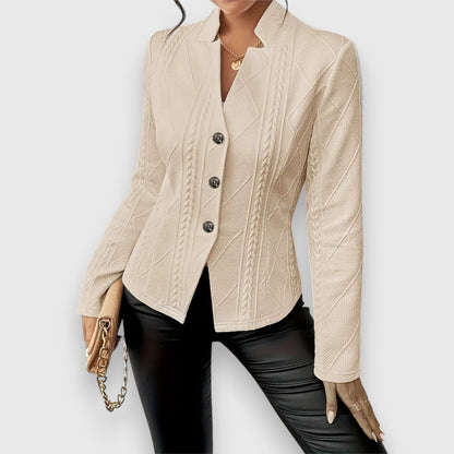 Women's textured knit cardigan with button front, collared neck, and long sleeves by Homixa, displayed on a model.