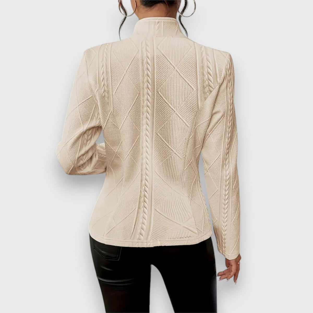 Women’s textured knit cardigan with button front, collared neck, and long sleeves by Homixa, shown in a close-up view.