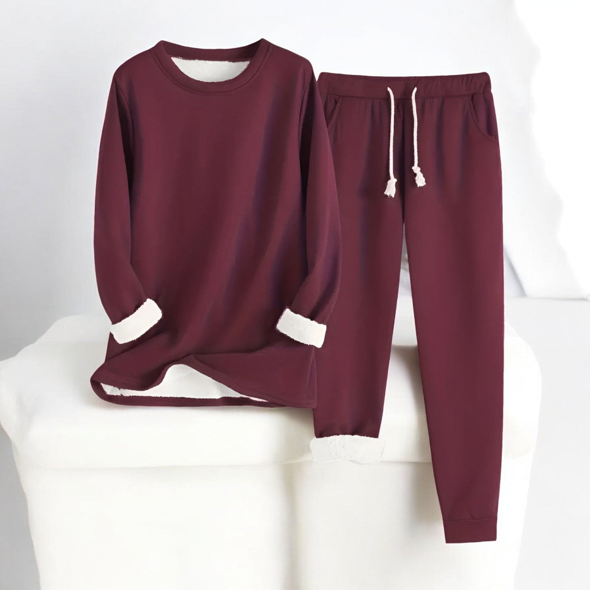Women’s thermal fleece two-piece set by Homixa with cozy sweater and drawstring pants, ideal for cold weather comfort.