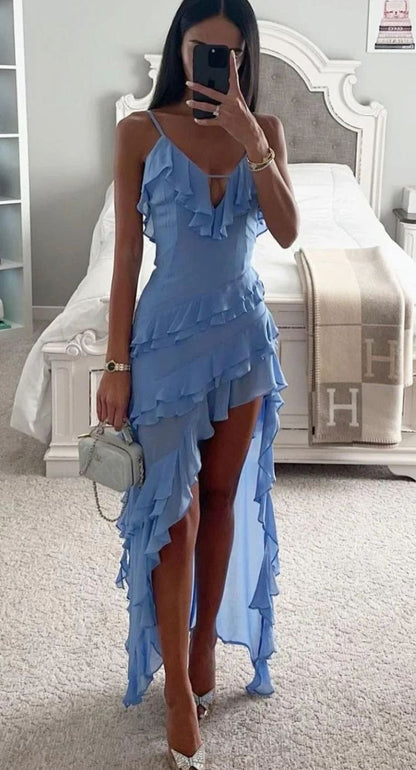 Homixa women's tiered ruffle hi-low maxi dress with spaghetti straps and V-neckline, flowing and stylish for summer wear.
