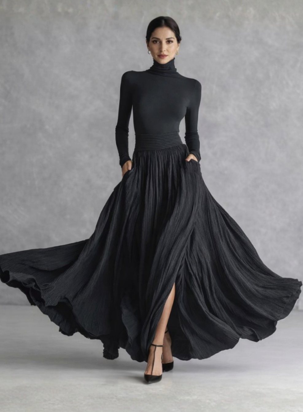Homixa women's turtleneck maxi dress with pleated full skirt, front slit, and hidden pockets, perfect for elegant everyday wear.