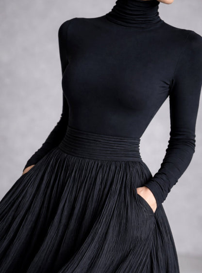 Homixa women's turtleneck maxi dress with pleated full skirt, front slit, and hidden pockets, stylish and elegant for everyday wear.