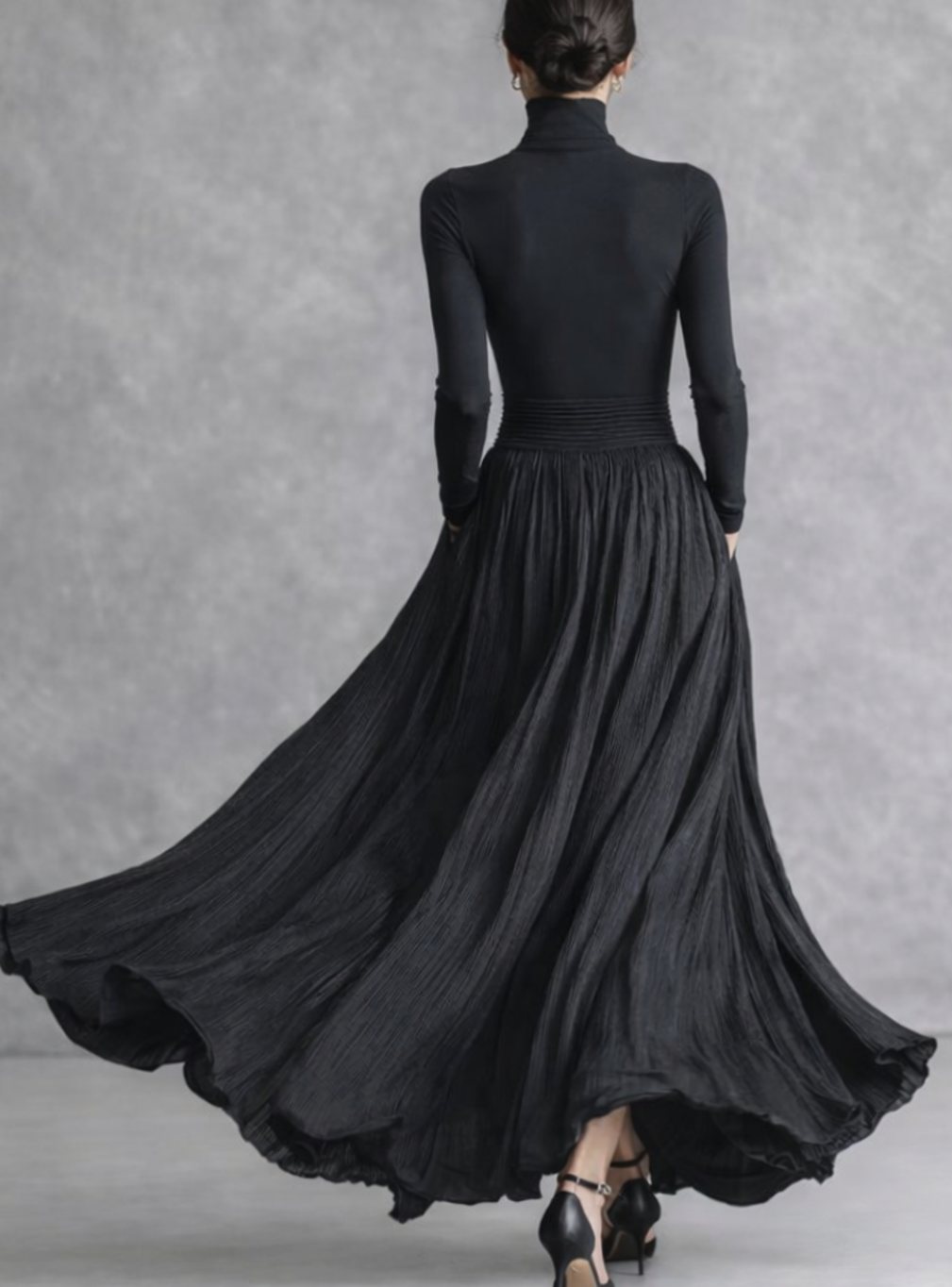 Women's Homixa turtleneck maxi dress with pleated full skirt, front slit, and hidden pockets, stylish and elegant for fall wear.