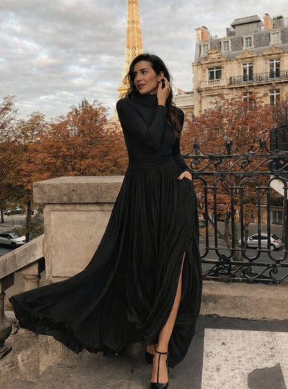 Homixa women's turtleneck maxi dress with pleated full skirt, front slit, and hidden pockets, perfect for elegant and comfortable style.