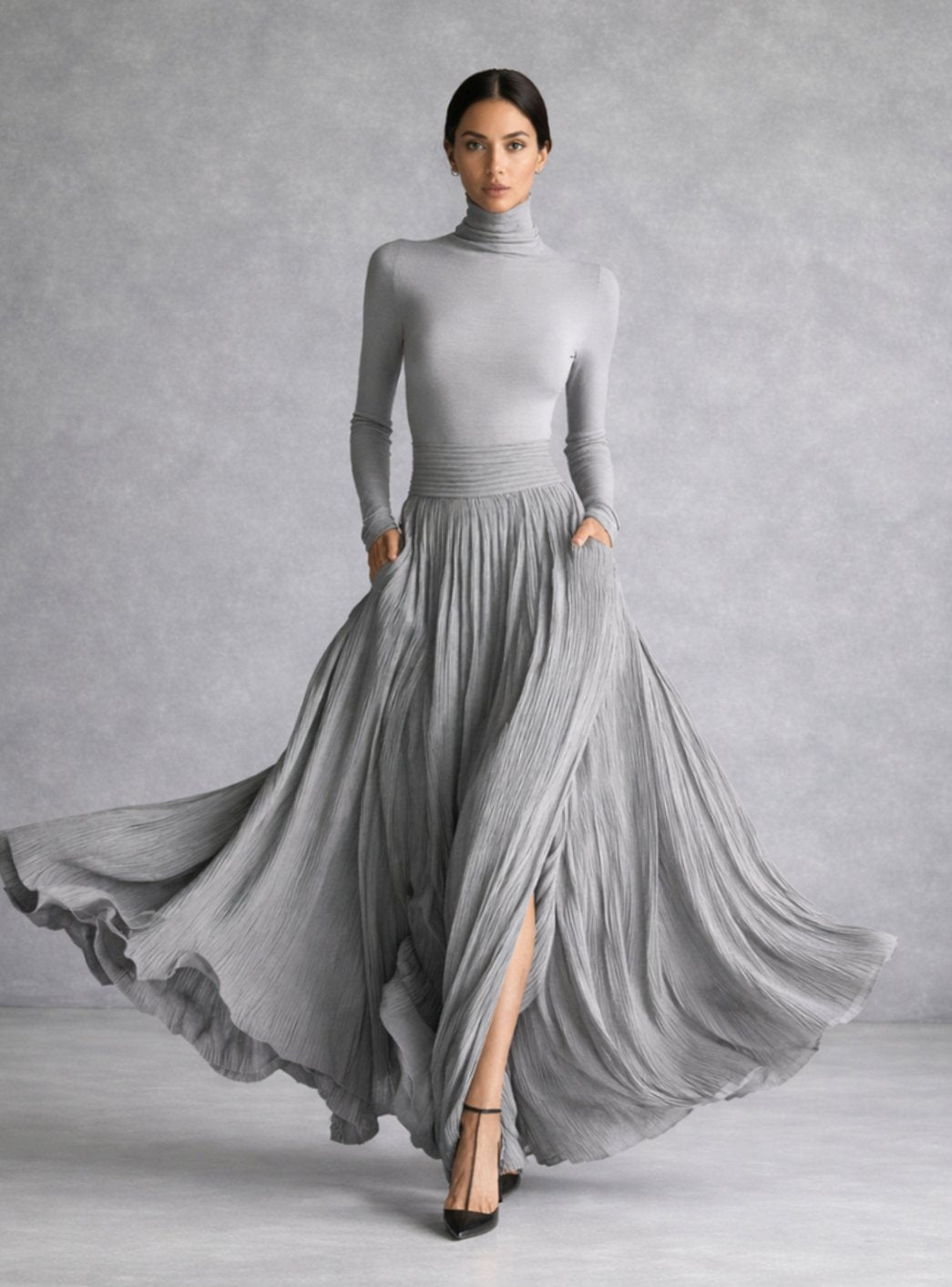 Homixa women's turtleneck maxi dress with pleated full skirt, front slit, and hidden pockets, styled for elegant casual wear.