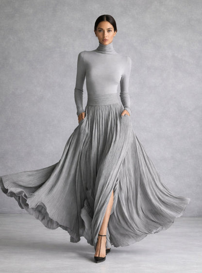 Homixa women's turtleneck maxi dress with pleated full skirt, front slit, and hidden pockets, styled for elegant casual wear.
