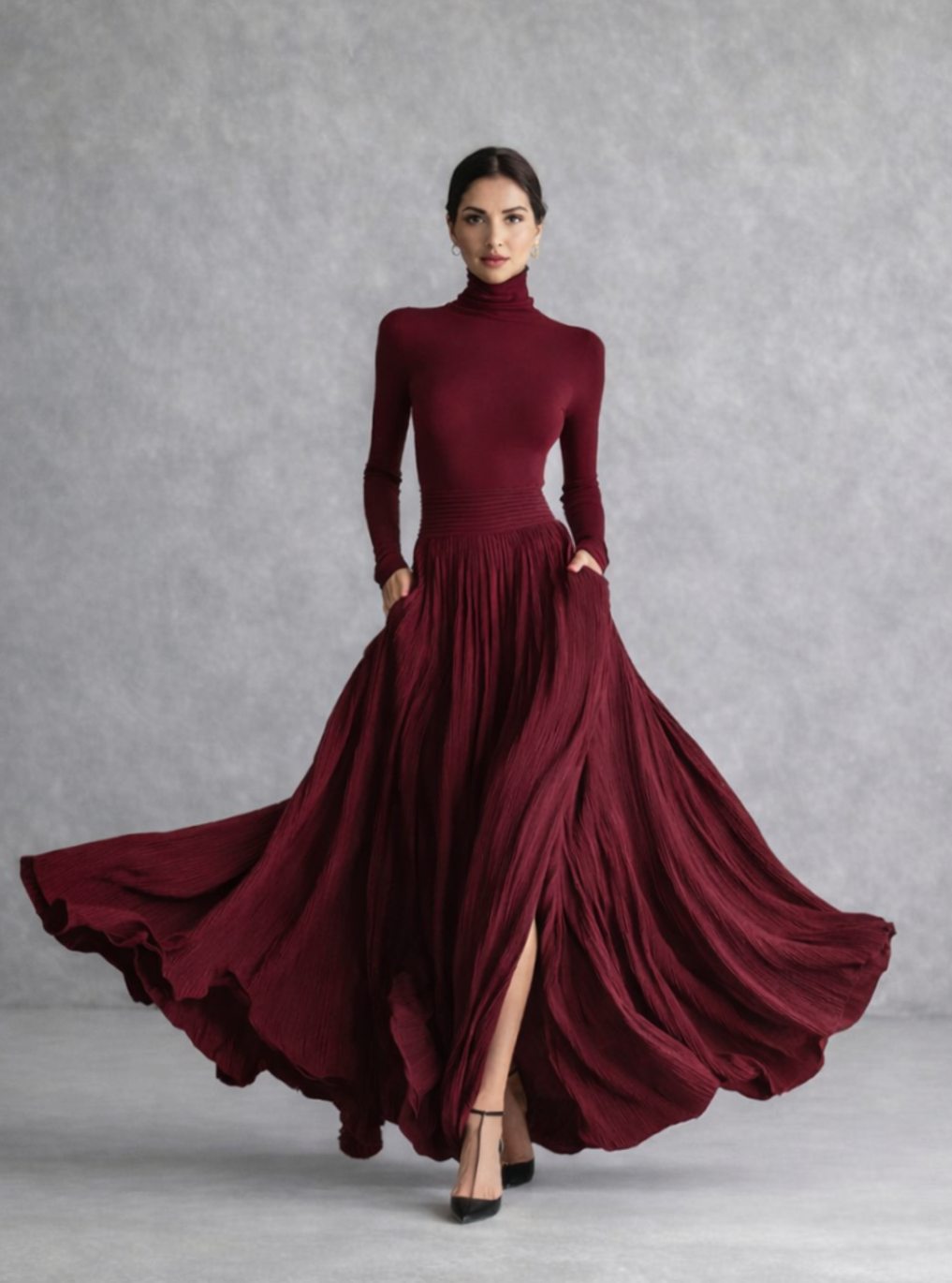 Homixa women's turtleneck maxi dress with pleated full skirt, front slit, and hidden pockets, styled for a sophisticated look.