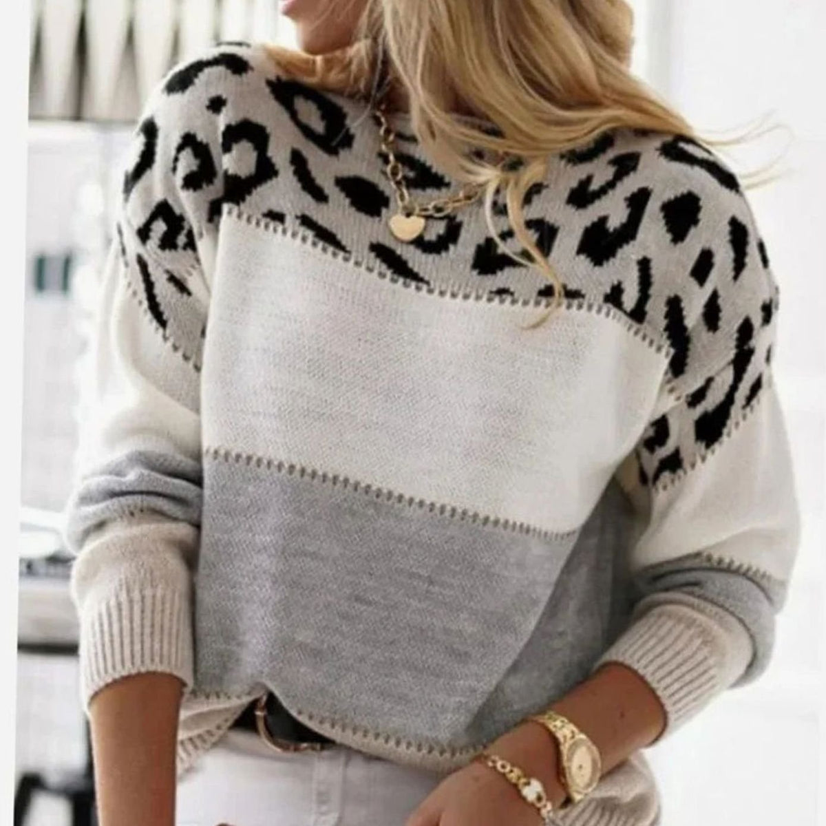 Women's cashmere blend turtleneck sweater with color-block leopard pattern, stylish and cozy Homixa sweater for women.