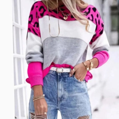 Women's cashmere blend turtleneck sweater with color-block leopard pattern, stylish and cozy Homixa sweater.