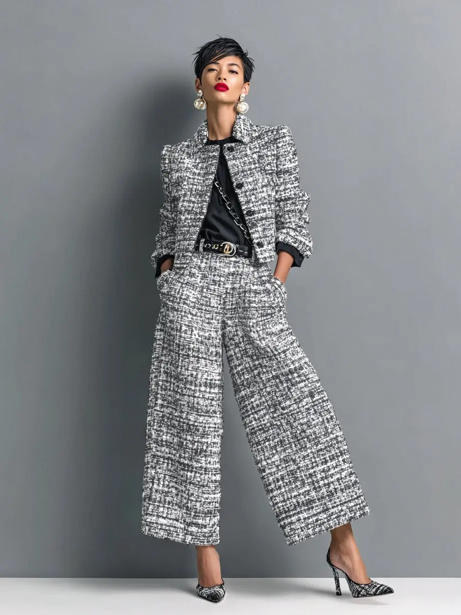 Women's tweed suit by Homixa featuring a cropped blazer with structured shoulders and wide-leg trousers.