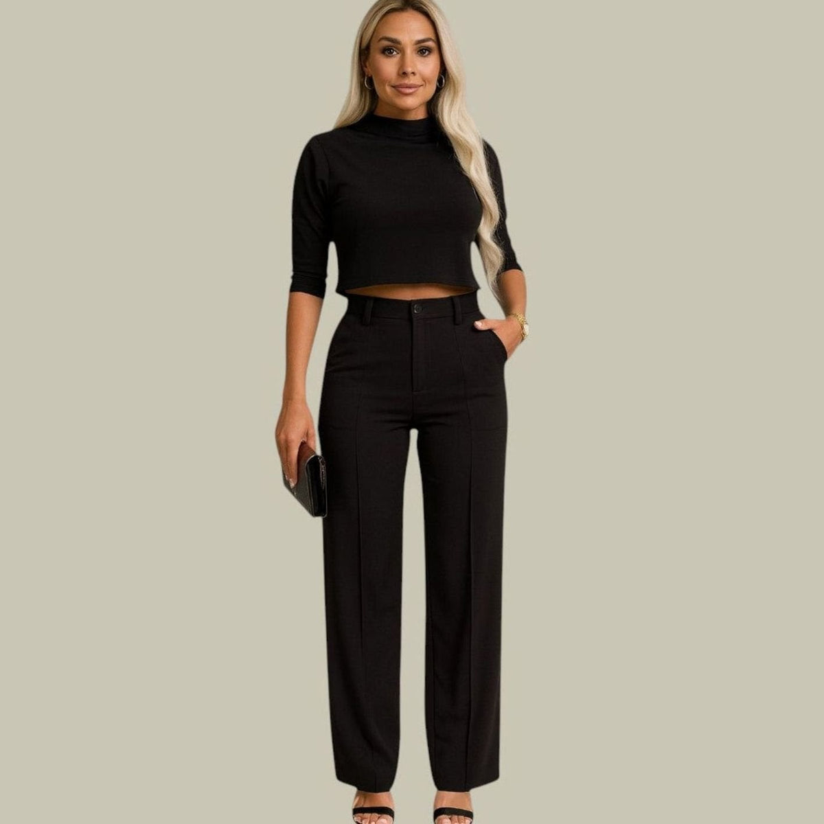 Homixa women's two-piece set with a mock-neck crop top and high-waist wide-leg pants with side pockets, stylish and comfortable.