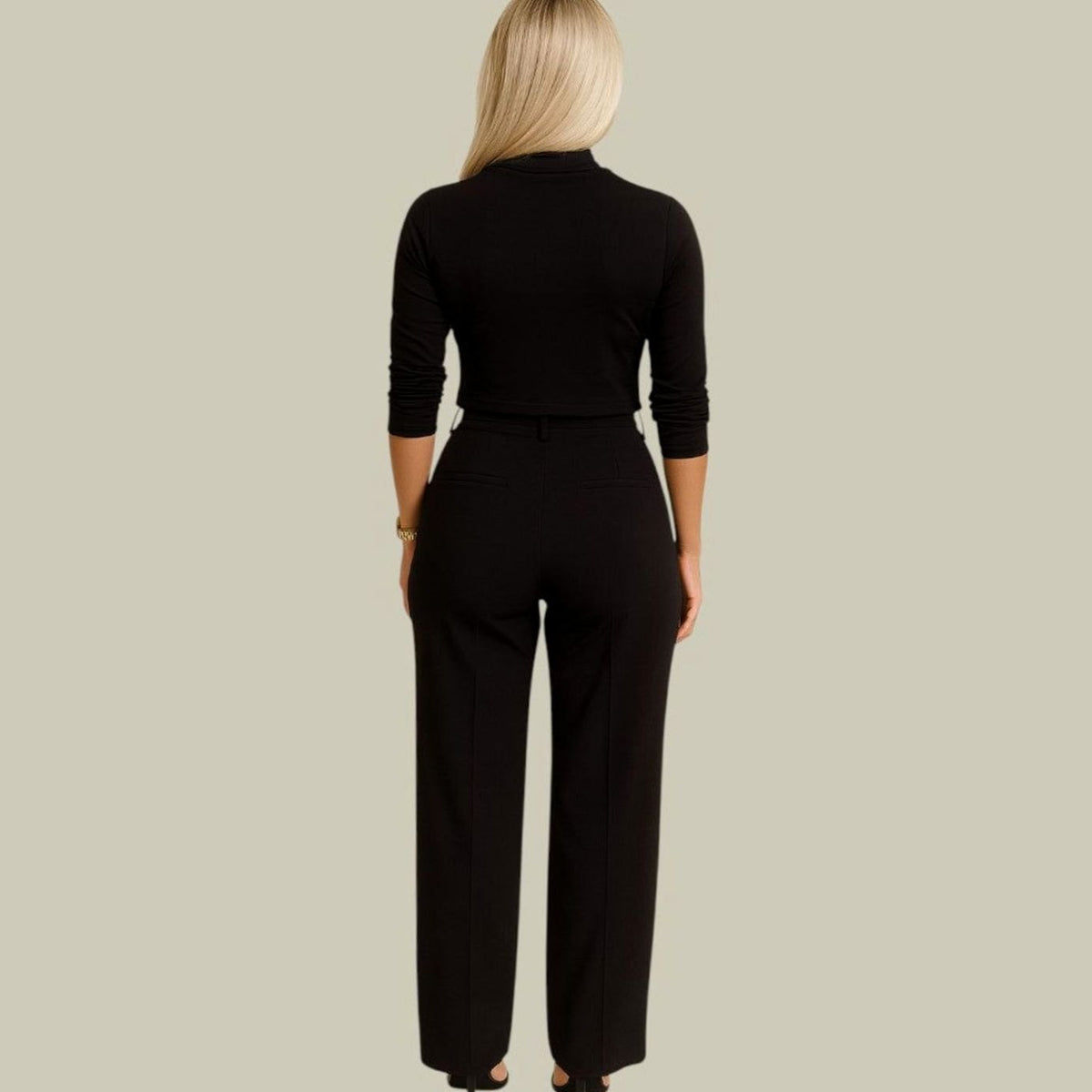 Homixa women's two-piece set with mock-neck crop top and high-waist wide-leg pants featuring side pockets, stylish and comfortable.
