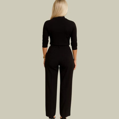 Homixa women's two-piece set with mock-neck crop top and high-waist wide-leg pants featuring side pockets, stylish and comfortable.