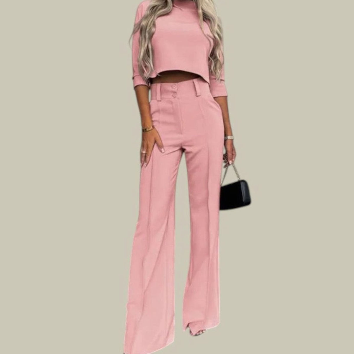 Homixa women's two-piece set with a mock-neck crop top and high-waist wide-leg pants featuring side pockets.