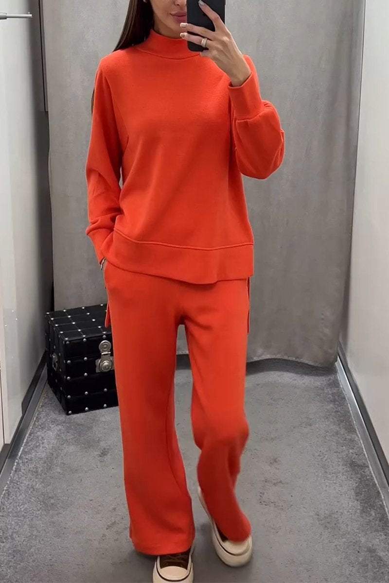 Homixa women's two-piece set with high-neck sweater and elastic-waist wide-leg pants, styled for casual or chic wear.