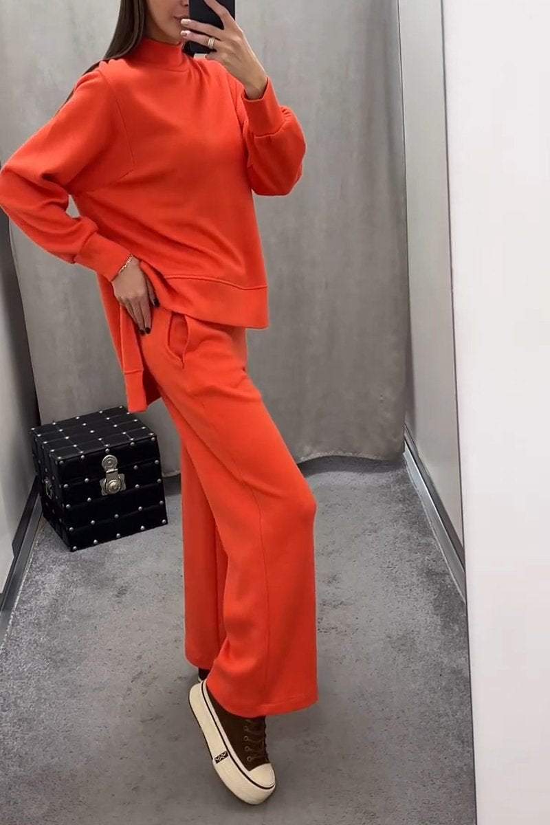 Homixa women's two-piece set featuring a high-neck sweater and elastic-waist wide-leg pants, displayed on a neutral background.