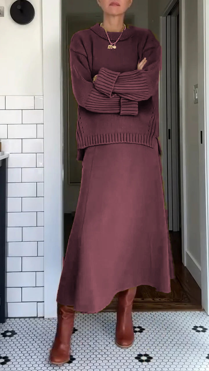 Women's two-piece set by Homixa featuring an oversized soft-knit sweater and a flowing maxi skirt, styled for casual comfort.