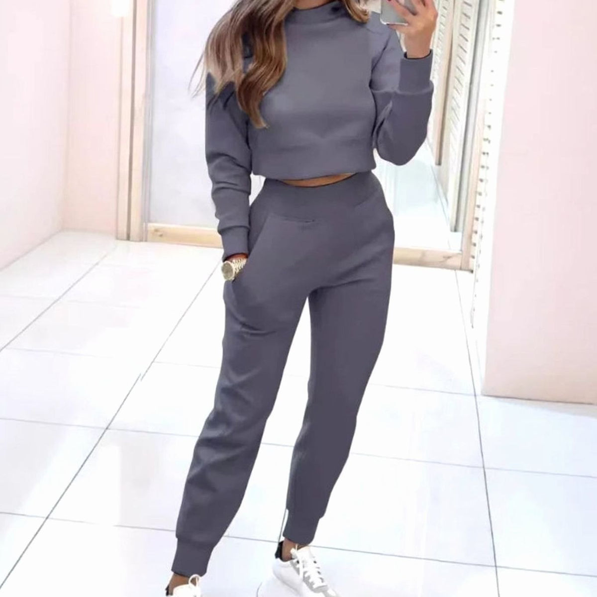 Homixa women's two-piece track suit with cropped crew-neck sweater and high-waist joggers, casual athletic wear for women.