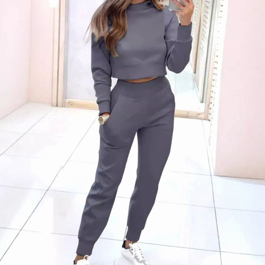 Homixa women's two-piece track suit with cropped crew-neck sweater and high-waist joggers, casual athletic wear for women.