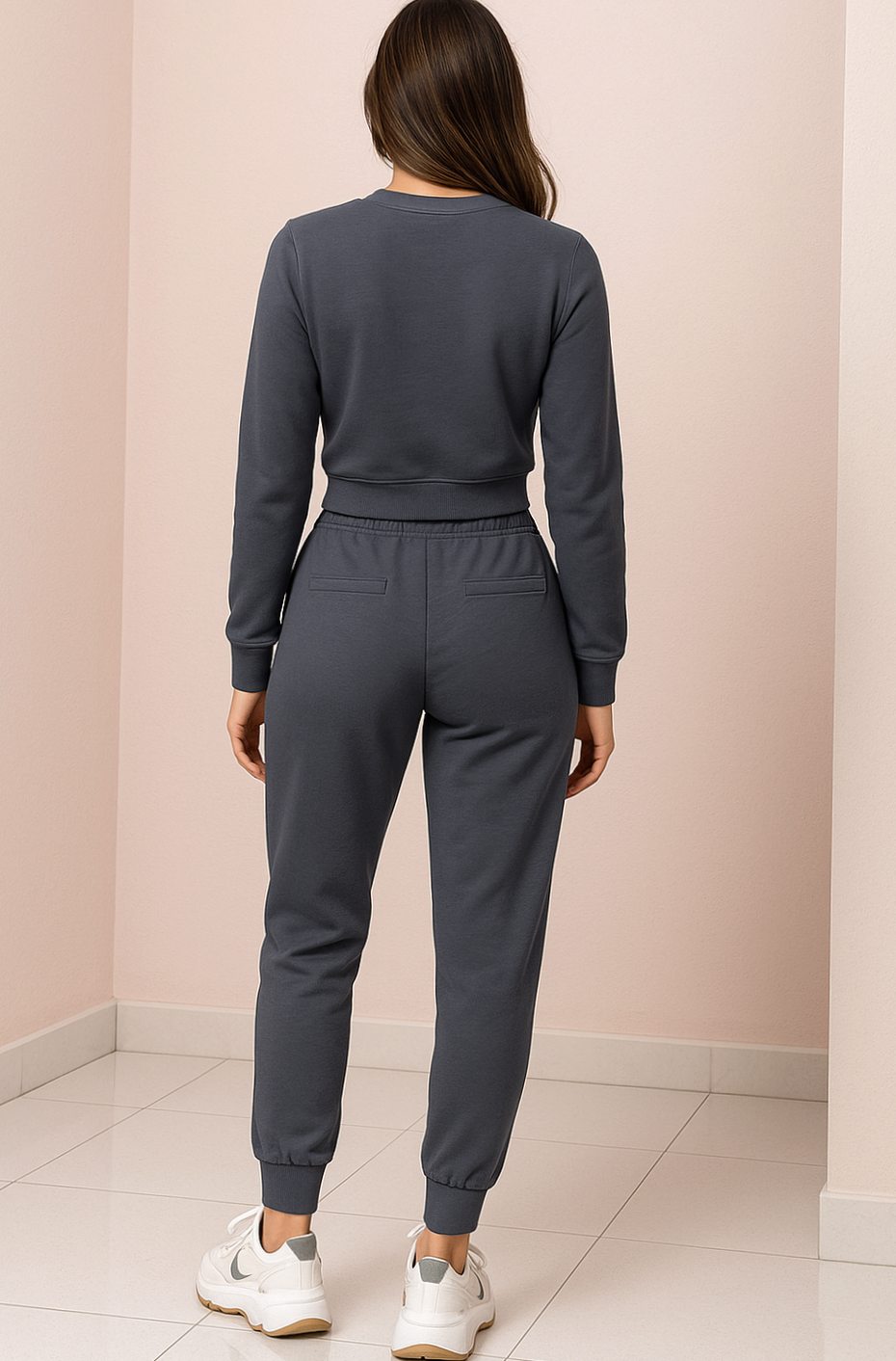 Homixa women's two-piece track suit with a cropped crew-neck sweater and high-waist joggers, casual athletic activewear ensemble.