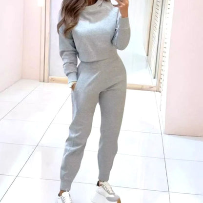 Homixa women's two-piece track suit with cropped crew-neck sweater and high-waist joggers, casual athletic wear for women.