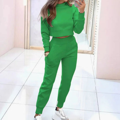 Homixa women's two-piece track suit with cropped crew-neck sweater and high-waist joggers, casual athletic outfit for women.