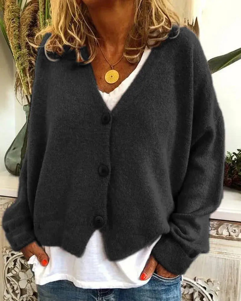 Women’s V-neck button-front knit cardigan by Homixa featuring long sleeves and solid color options.