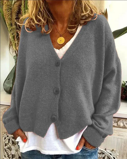 Women's Homixa V-neck button-front knit cardigan with long sleeves and solid color options, displayed on a model.