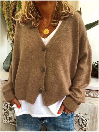 Homixa women's v-neck button-front knit cardigan with long sleeves in solid colors, draped on a mannequin.