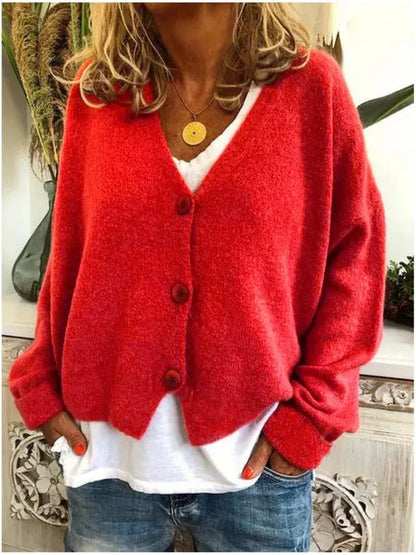 Women's Homixa V-neck knit cardigan with button front and long sleeves in solid colors, displayed on a model.