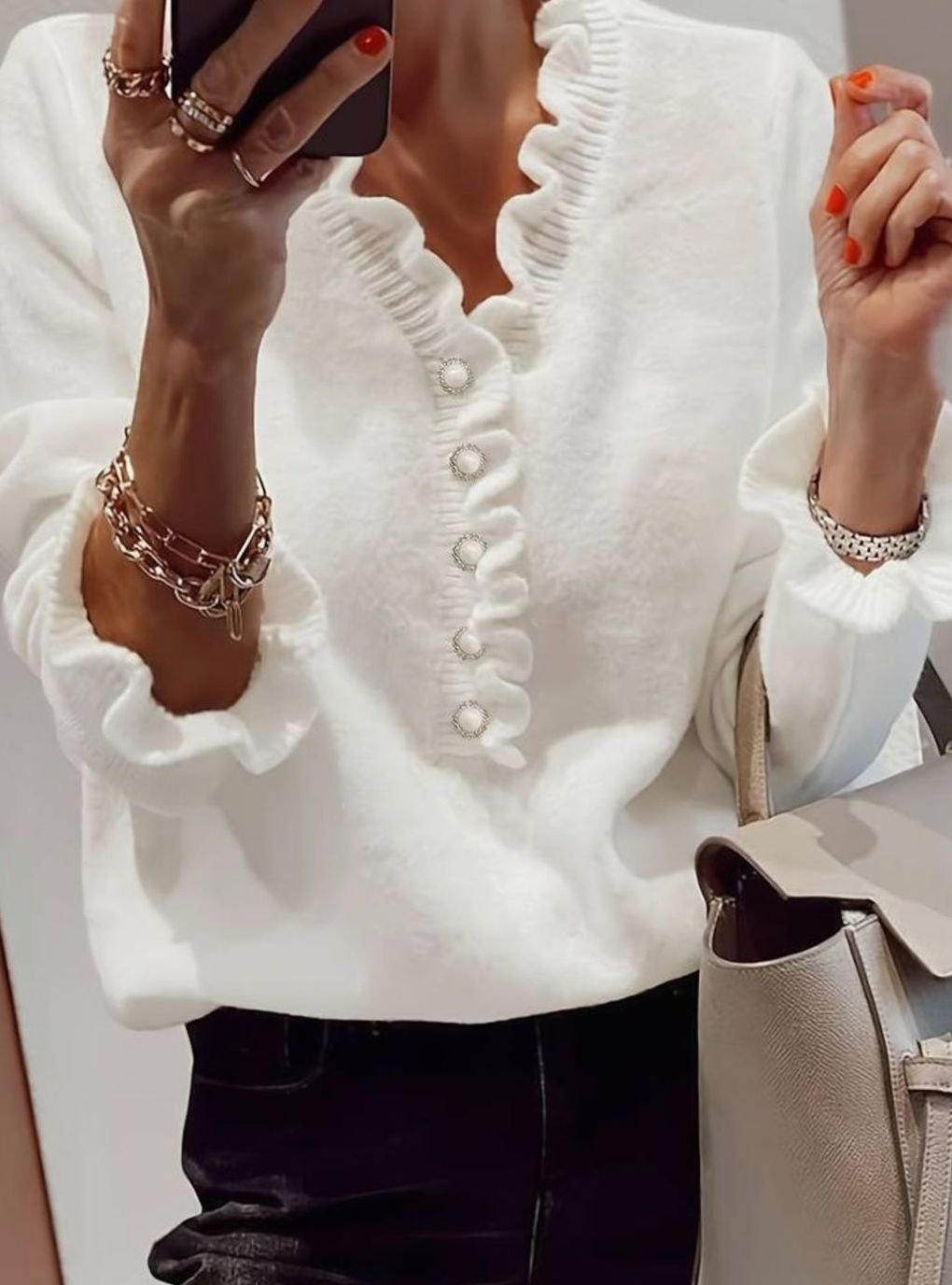 Homixa women's V-neck sweater with pearl buttons, ruffle trim at neck and cuffs, made of soft knit fabric.