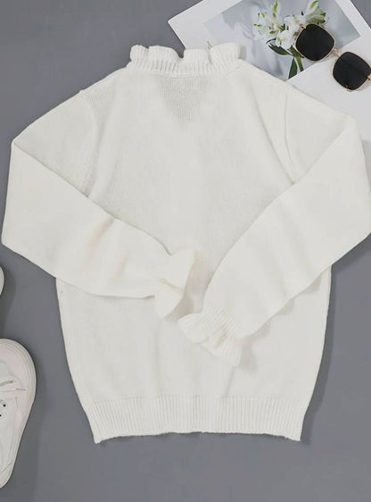 Homixa women's V-neck sweater with pearl buttons, ruffle trim at neck and cuffs, soft knit cardigan or button-front sweater.