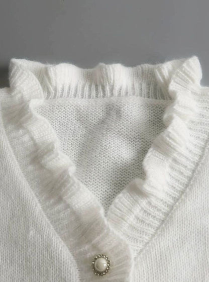 Homixa women's V-neck sweater with pearl buttons, ruffle trim at neck and cuffs, in a soft, cozy cardigan style.