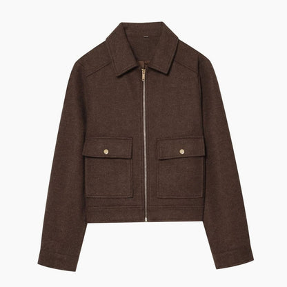 Women's vintage wool-blend short coat by Homixa with stand collar and asymmetric button front, stylish and warm outerwear.