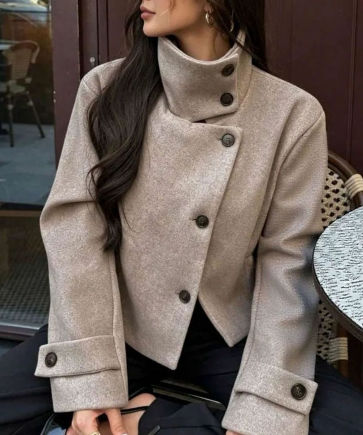 Women's vintage wool-blend short coat by Homixa featuring a stand collar and asymmetric button front, displayed on a model.
