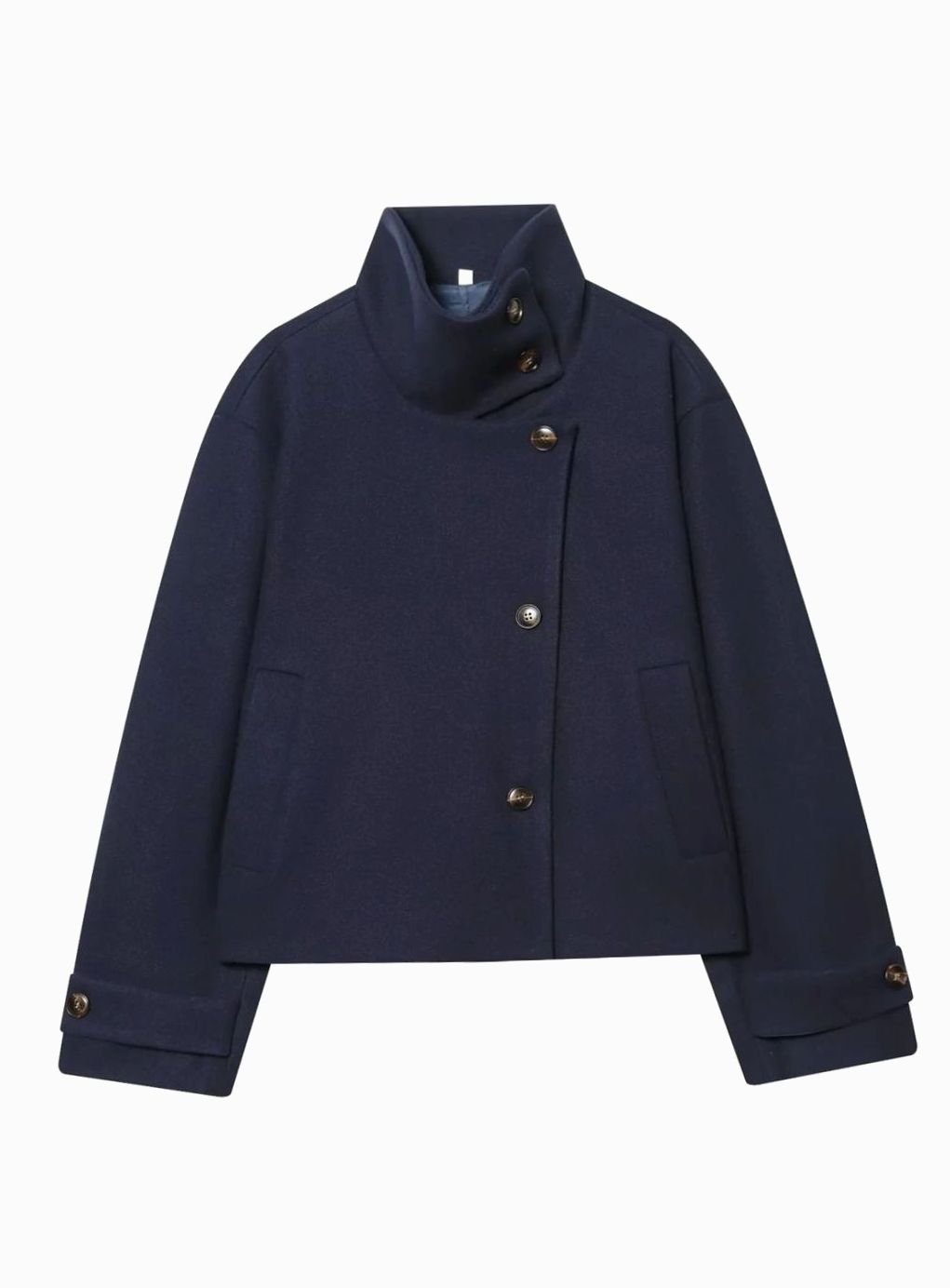 Women's vintage wool-blend short coat by Homixa with stand collar and asymmetric button front, stylish outerwear for winter.