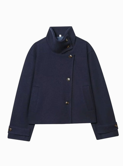 Women's vintage wool-blend short coat by Homixa with stand collar and asymmetric button front, stylish outerwear for winter.