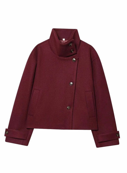 Women's vintage wool-blend short coat by Homixa with stand collar and asymmetric button front, stylish and warm outerwear.