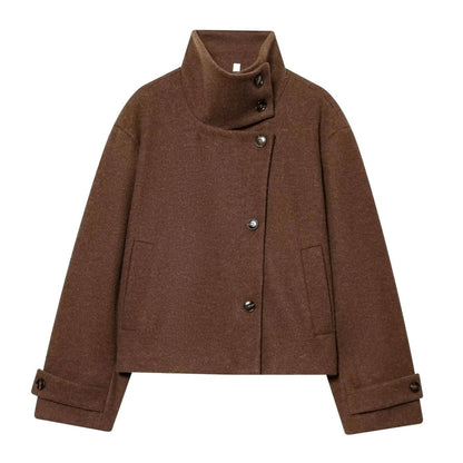 Women's vintage wool-blend short coat by Homixa with stand collar and asymmetric button front, stylish and warm for autumn.