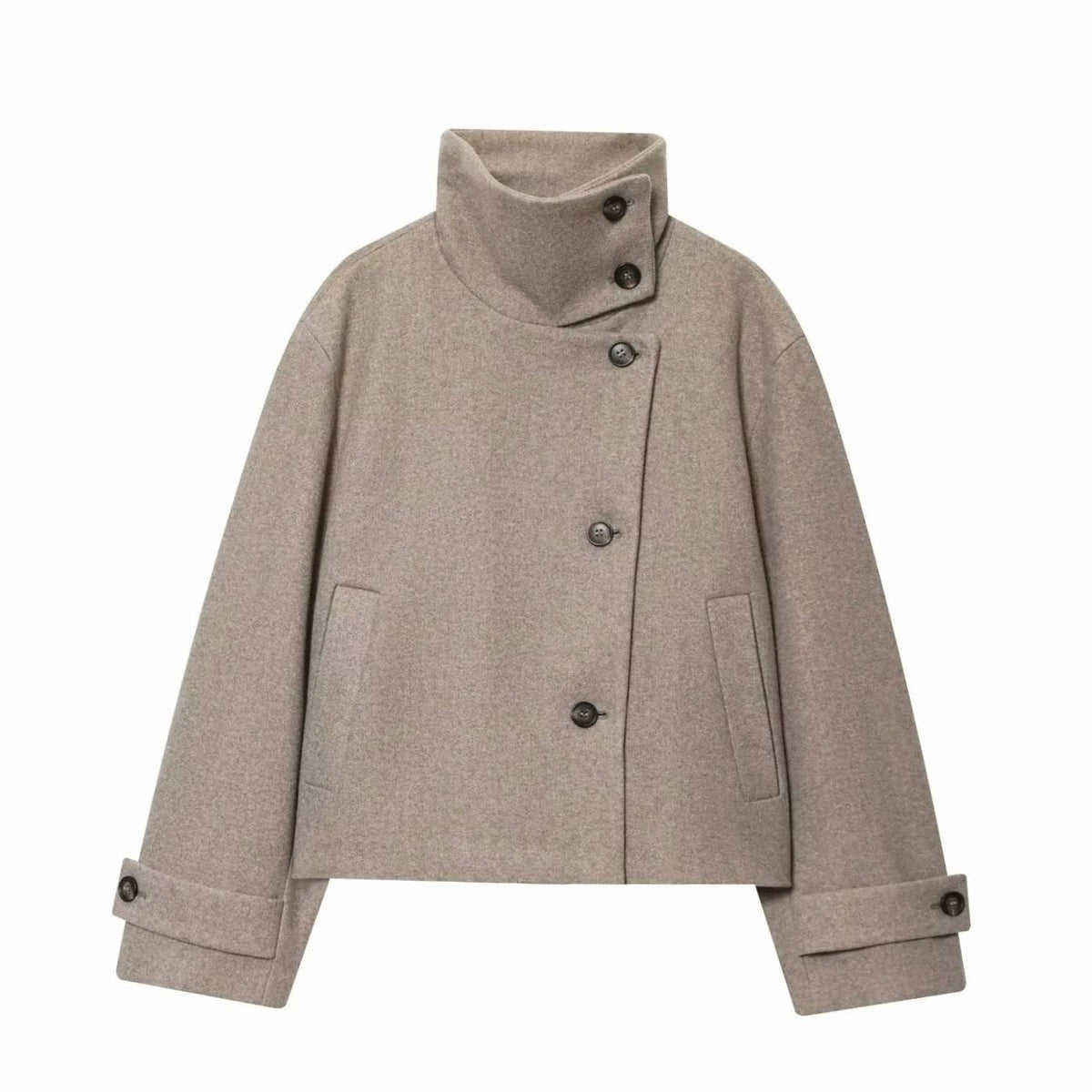 Women's vintage wool-blend short coat by Homixa with stand collar and asymmetric button front, stylish and warm outerwear.