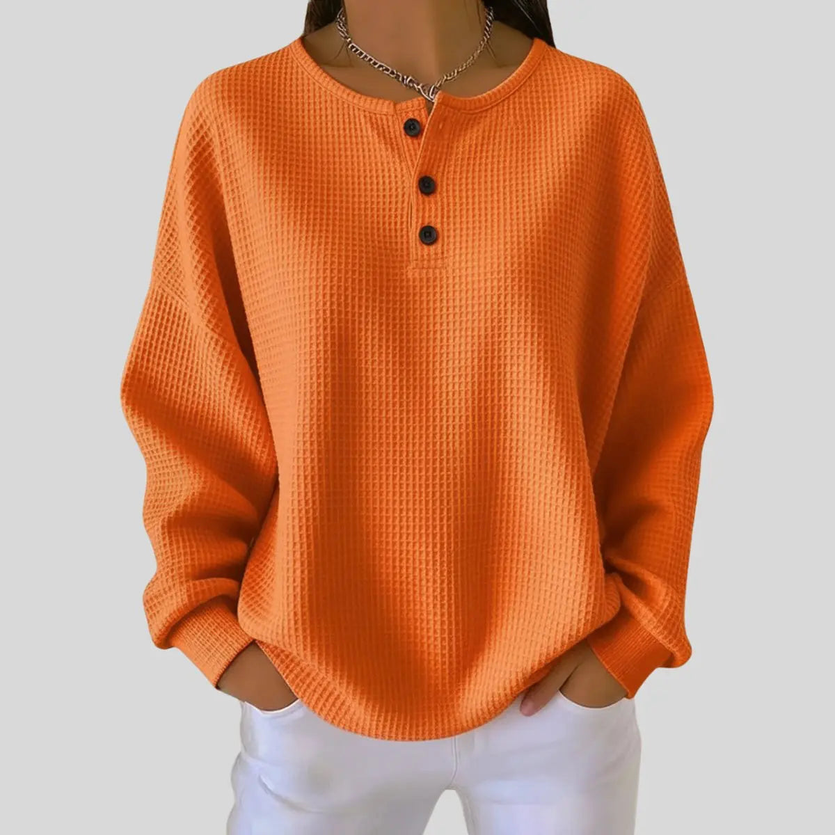 Women's waffle-knit Henley pullover by Homixa with long sleeves and a three-button placket, casual and cozy knit top.