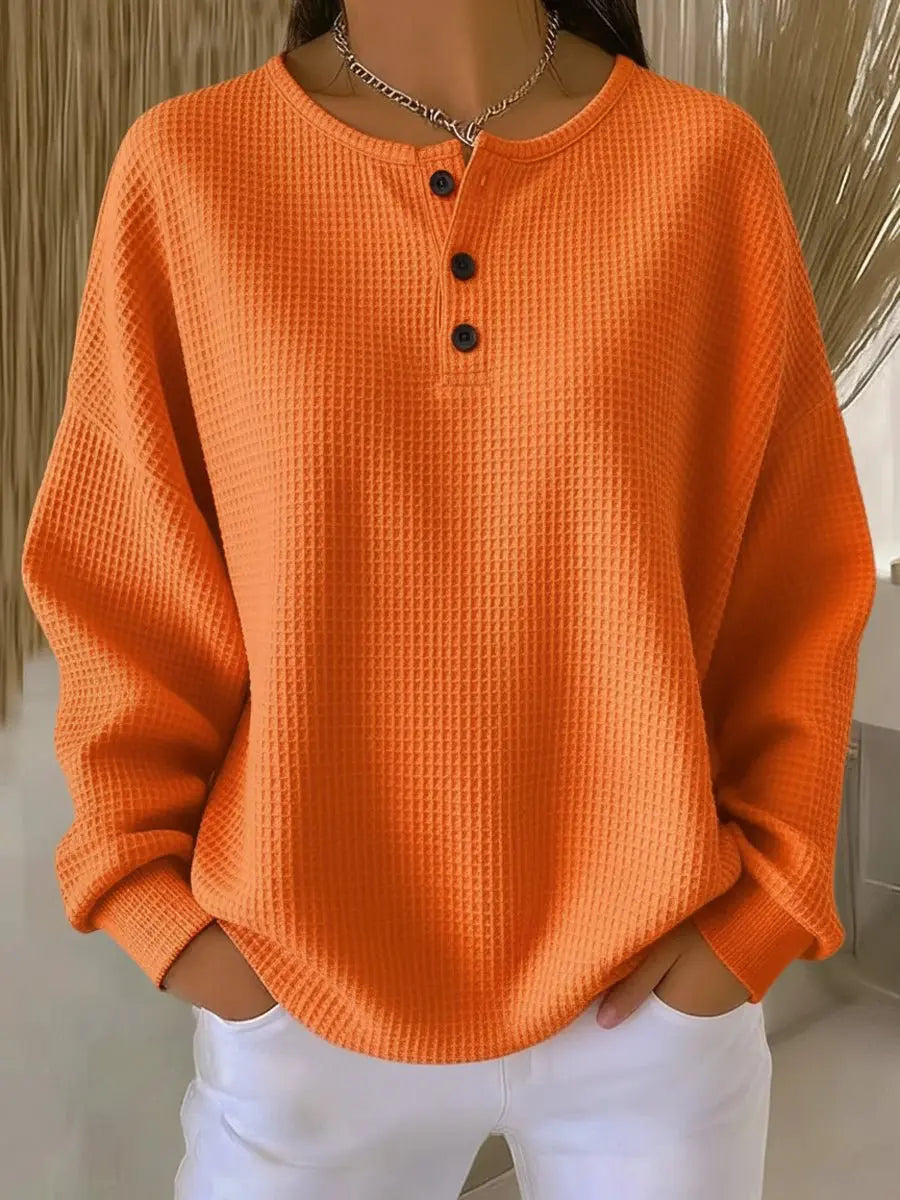 Women's waffle-knit Henley pullover by Homixa with long sleeves and a three-button placket, casual and cozy knit top.