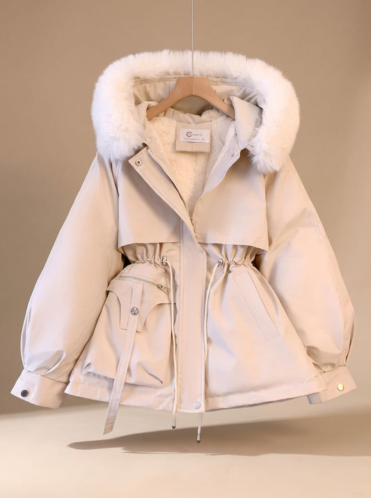 Women's water-resistant fitted winter parka by Homixa with faux-fur hood and drawstring waist, perfect for cold weather.