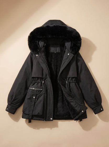 Women's Homixa water-resistant winter parka with faux-fur hood and drawstring waist, fitted for cold weather protection.